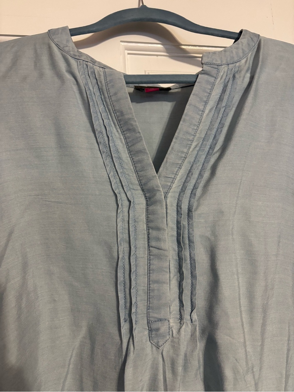 Vince Camuto Arctic Surf Light Blue Pintuck V-Neck Tunic